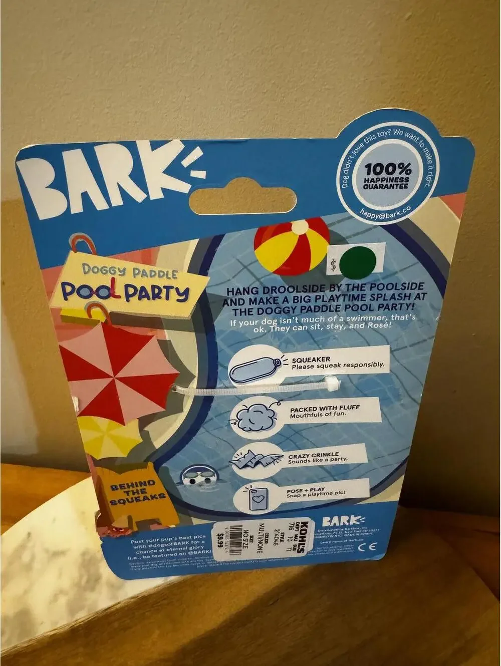 BARK Pool Water Rosé Squeaky Dog Toy - New in Package